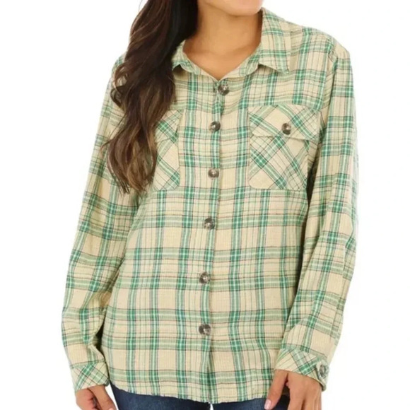 Democracy Frayed Plaid Longsleeve Button Down Women’s Large - Picture 1 of 3